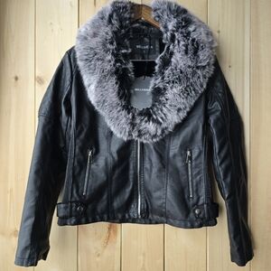Bellivera Faux Leather Jacket Moto Coat Faux Fur Collar Womens Large